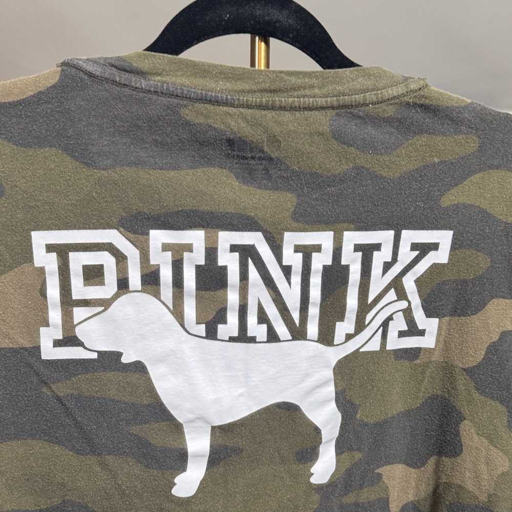 Great Condition PINK Victoria's Secret Green Camouflage Tee w/PINK Graphics - Picture 5 of 6